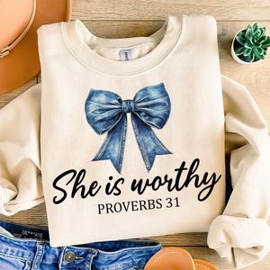 She is Worthy Bow PNG File, Women's Christian Shirts, Cute Christian Coquette Designs, Girly Faith Shirt Ideas, Trendy Christian Shirt Ideas
