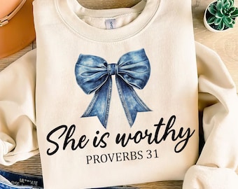 She is Worthy Bow PNG File, Women's Christian Shirts, Cute Christian Coquette Designs, Girly Faith Shirt Ideas, Trendy Christian Shirt Ideas