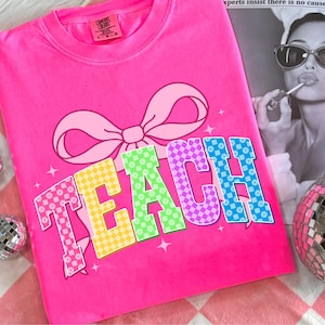 Neon Checkered TEACH Coquette PNG, Teacher Back to School PNG Neon Disstressed, Coquette 1st 2nd 3rd Grade Teacher Png, Hand Drawn,Colorful