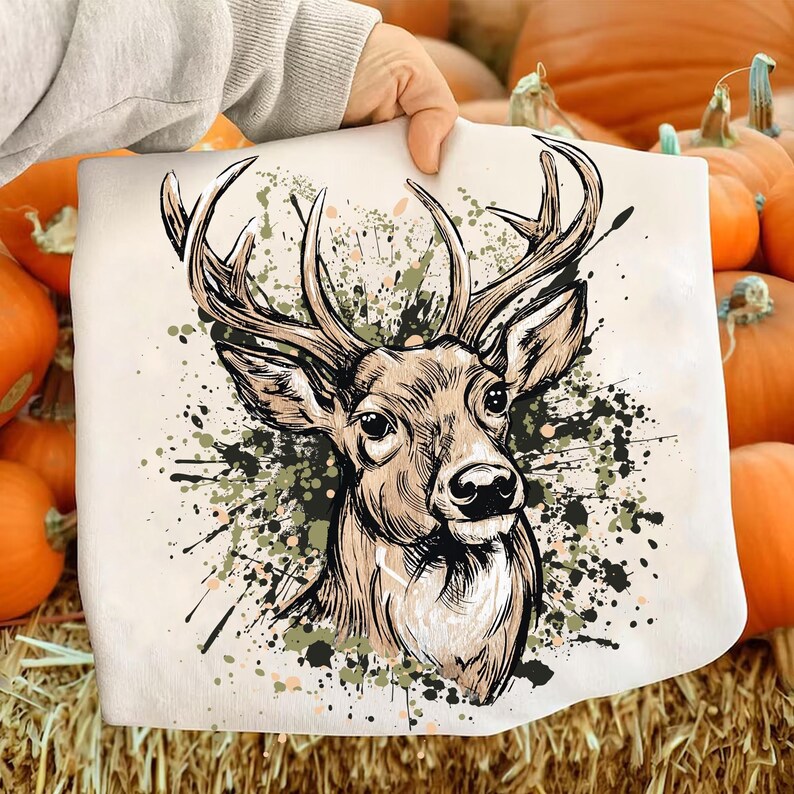 May include: A cream-colored throw blanket featuring a detailed illustration of a deer's head with large antlers. The deer is depicted in shades of brown and tan, with a splatter of green and black paint. The blanket is held in front of a background of pumpkins.