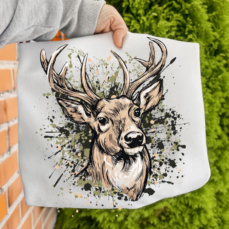 May include: A light gray tote bag featuring a detailed illustration of a deer's head with large antlers. The deer is depicted in shades of brown and tan, set against a backdrop of green and black paint splatters. The bag is held by a person.