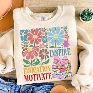 Boho Floral Teacher PNG, Sublimation Design, Back To School Png, School Png, Inspire Educate Motivate, Retro Teacher Tshirt Design Png