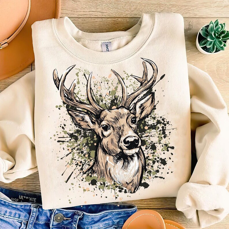 May include: Cream-colored sweatshirt featuring a detailed illustration of a deer's head with large antlers. The deer is set against a backdrop of green, black, and brown paint splatters. The sweatshirt is folded, with a glimpse of denim jeans and a brown leather bag.