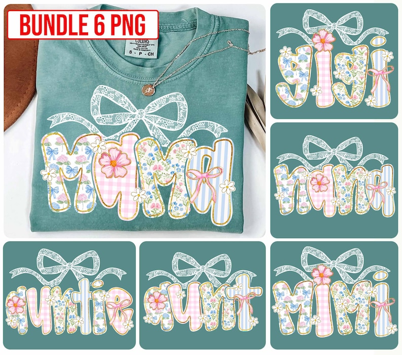 K&ouml;nnte beinhalten: Ein Set mit sechs digitalen Stickmustern mit floralen Mustern und den W&ouml;rtern "Mama", "Auntie", "Mimi" und "Gigi". Die Designs sind perfekt, um personalisierte Geschenke zu kreieren oder Ihren Bastelprojekten einen Hauch von Verspieltheit zu verleihen.