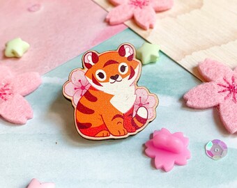 Tiger Sakura Pal Wooden Pin