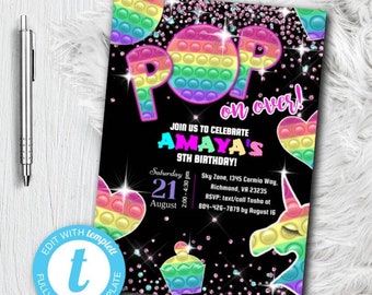 Pop It Birthday Party Invitation Editable PDF - Digital File, Instant Download, Glitter Rainbow Edit Template Girls Fidget Toy Party Invite