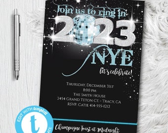 New Years Eve Invitation - NYE Party Invitation - Blue 2023 - New Year Invite - Printable - Editable - Templett Template Instant Download