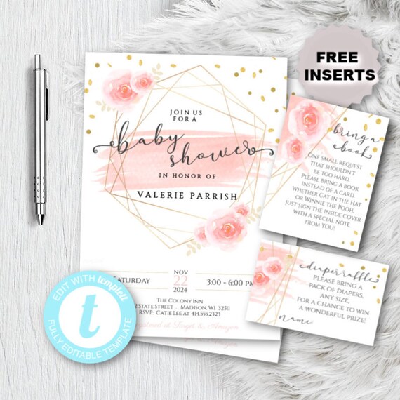 Rose Gold Baby Shower Invitation, Pink and Gold Blush Boho Geometric Bohemian Invites with Inserts, Diaper Raffle, Book Request DIY Templett Il_570xn