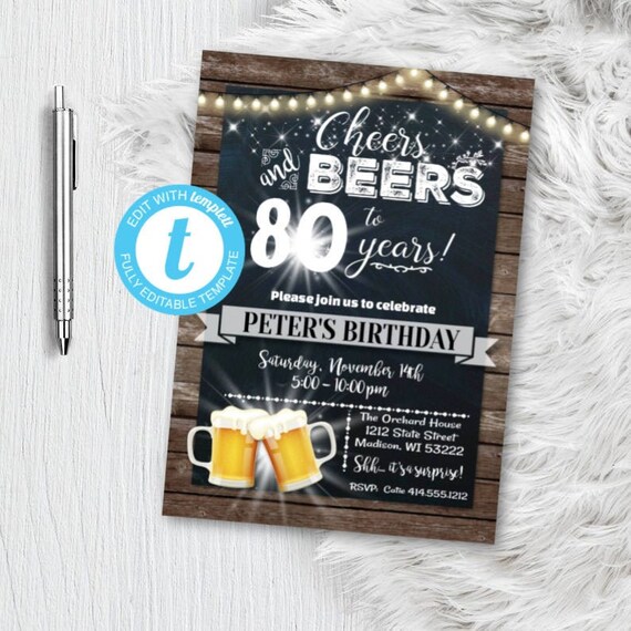 80th Birthday invitation for men Cheers and Beers Invitation Party Rustic Wood Digital INSTANT Download DIY Templett Editable male boy guy Il_570xn
