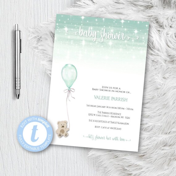 Balloon Baby Shower Invitation - Gender Neutral Watercolor Teddy Bear - Mint Green Printable Editable Template Templett Instant Download A06 Il_570xn