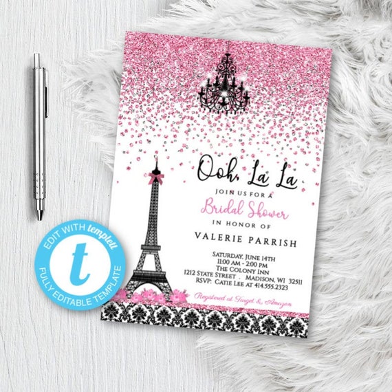Paris Bridal Shower Invitation, pink and black eiffel tower pink damask parisian invite editable printable 5x7 glitter party templett Il_570xn