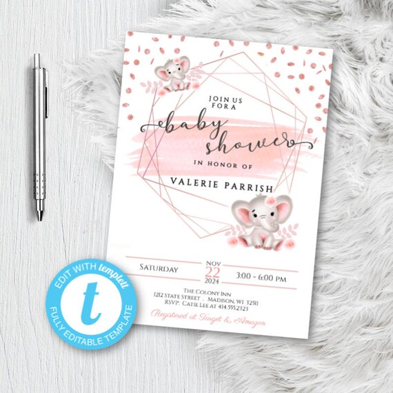 Rose Gold Elephant Baby Shower Invitation, Editable Geometrical Confetti Pink and White Gray Invite Templett Template, DIY Instant Download Il_570xn