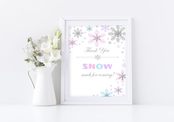 Winter Wonderland Thank you Snow Much Sign Winter Onederland Decorations Baby Shower birthday Snowflake Pink silver purple printable A02 Il_570xn