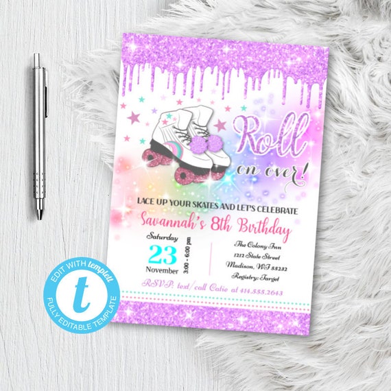 Roller Skating Party Invitation Skate Birthday instant download, roll on over party invite girl purple rainbow birthday editable printable Il_570xn
