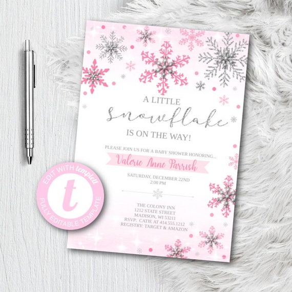 Little Snowflake Baby Shower Invitation - A snowflake is on the way Editable Template - Winter Wonderland Invites - Templett Pink and Silver Il_570xn