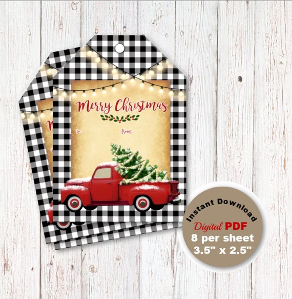 Christmas Gift Tags Buffalo plaid with Vintage Red truck - Holiday Gift Tag Instant Download Printable Black and Red plaid with tree Il_570xn