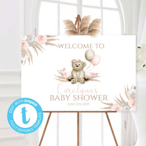 Teddy Bear Welcome Sign Template, Editable Boho Baby Shower Pampas ...