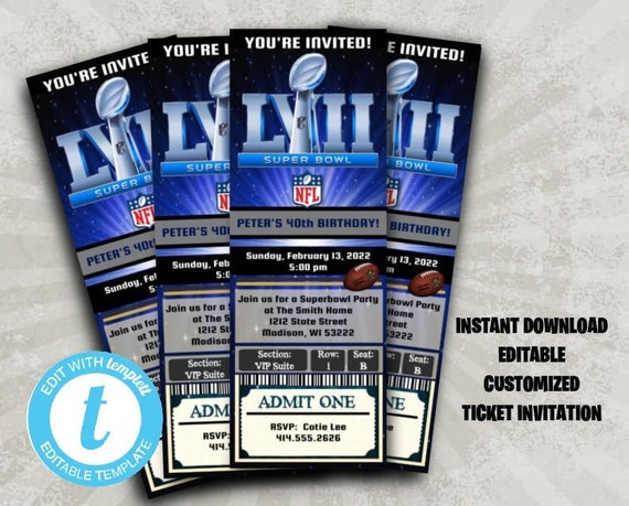 Superbowl Birthday invitation - Super Bowl Party 2022 2023 Football ticket invitation Pass LVII Party Invite Editable Printable Templett Il_570xn