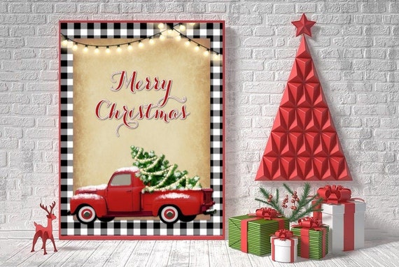 Buffalo Plaid Christmas Picture - Buffalo Check Holiday Decor - Printable Wall Art - Merry Christmas Red Truck - Instant Download - 8x10 Il_570xn