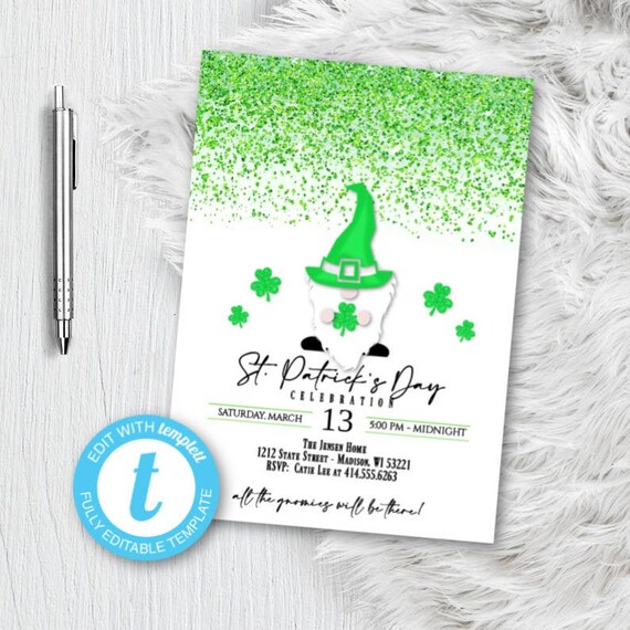 St. Patrick's Day Party Invitation, Gnome Adult or Kid Shamrock Clover Party Invite Gnome Invitation, DIY Templett Template Editable Instant Il_570xn
