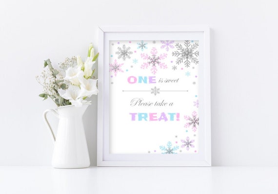 Winter Onederland One is Sweet take a treat Winter Wonderland Decorations birthday favors sign Snowflake Pink silver purple printable A02 Il_570xn
