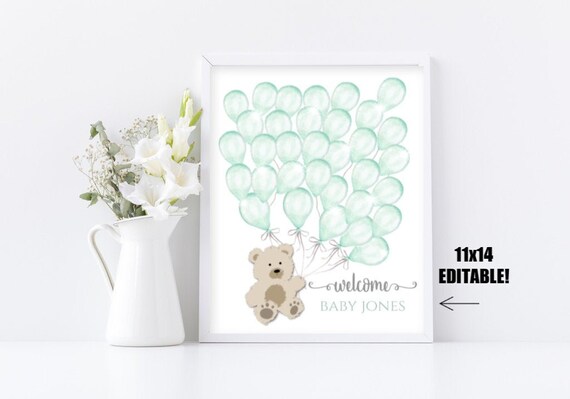11x14 Balloon Baby Shower Guest Book Sign Printable Gender Neutral • Mint Green Teddy Bear INSTANT DOWNLOAD Printable, Editable Templett A06 Il_570xn