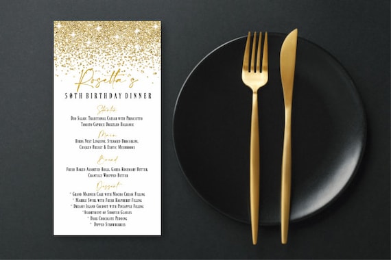 Gold and white Dinner Menu EDITABLE 4x8 PRINTABLE Supper Luncheon Food List Gold Black White Wedding Eve Party Birthday Glitter Confetti pdf Il_570xn
