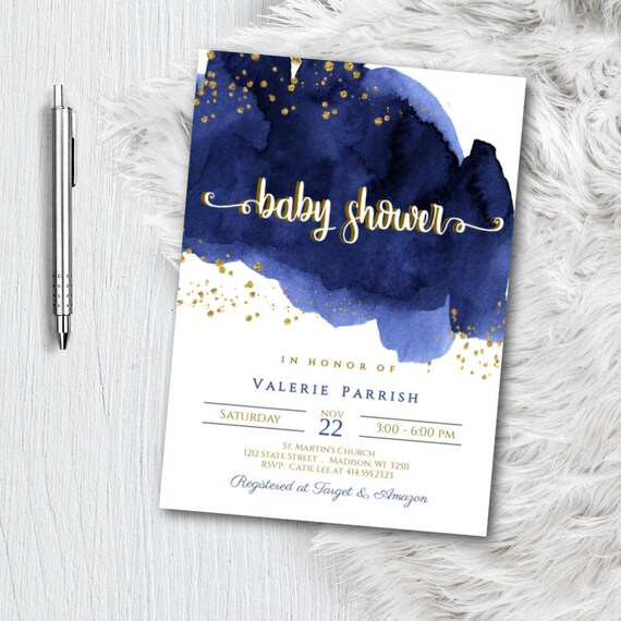 Navy Blue and Gold Baby Shower Invitation for boy Watercolor Invite Blue Gold White Editable Templett Template DIY Invite Instant Download Il_570xn