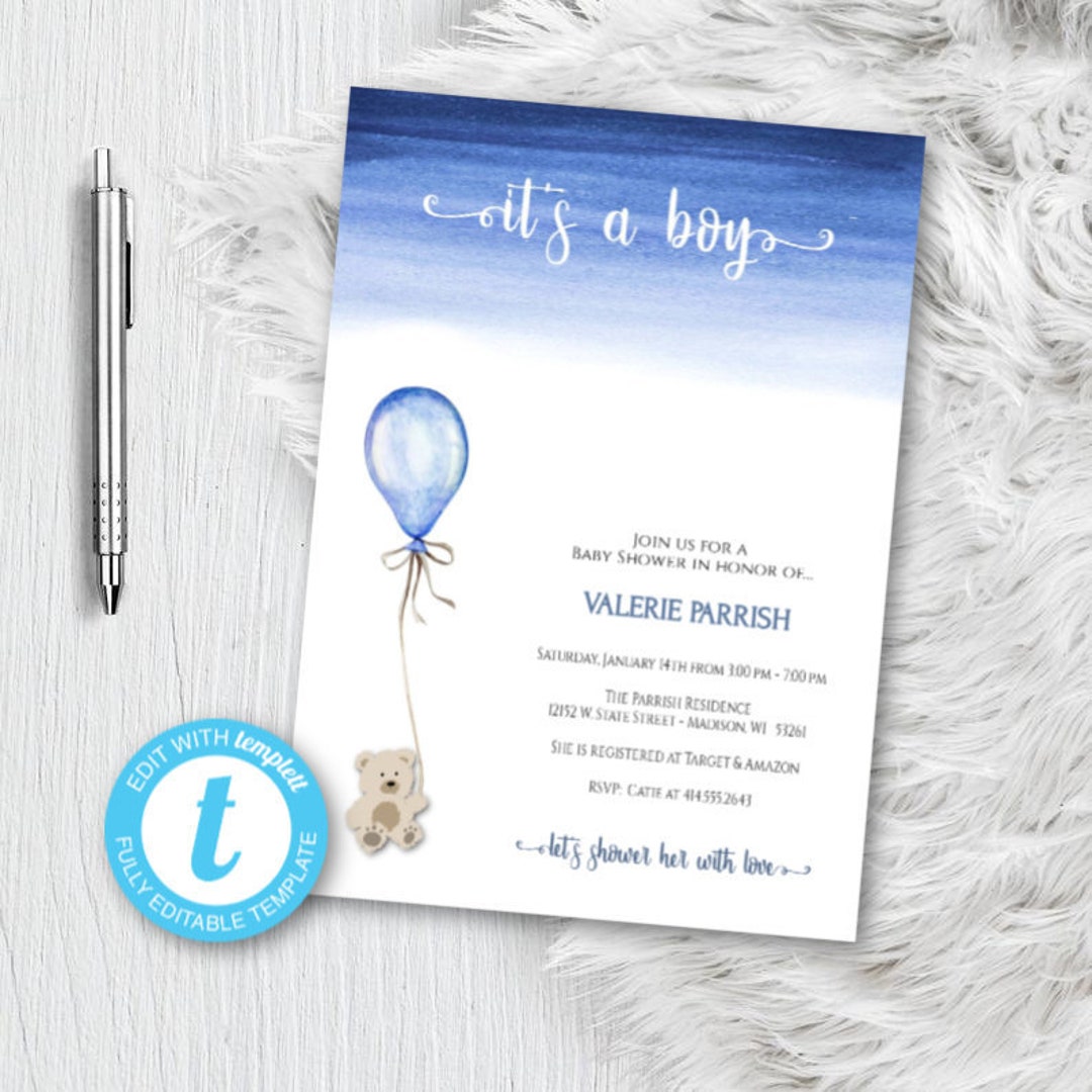 Balloon Boy Baby Shower Invitation Watercolor Teddy Bear Etsy