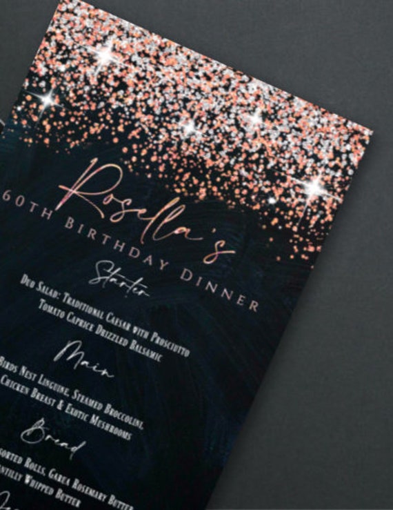 Rose Gold Dinner Menu EDITABLE 4x8 PRINTABLE Supper Luncheon Food List Sweet 16 Invitation White Wedding Eve Party Birthday Glitter Confetti Il_570xn