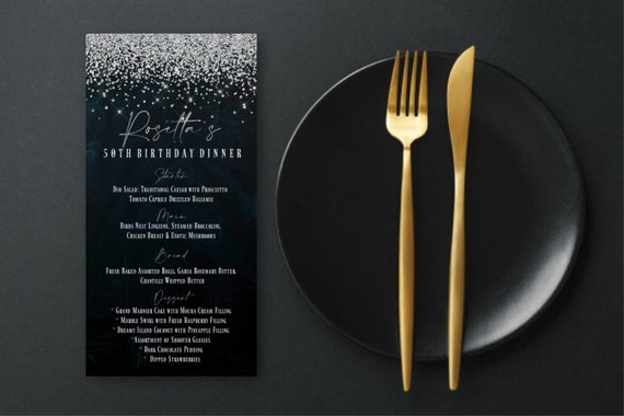 Silver Dinner Menu EDITABLE 4x8 PRINTABLE Supper Luncheon Food black and Silver Wedding Eve Party Birthday Glitter Confetti template pdf Il_570xn