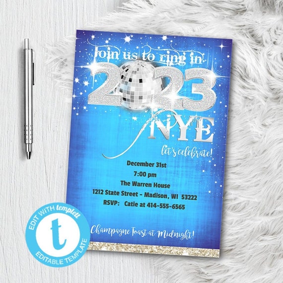 Editable New Years Eve Invitation - NYE Party Invitation Silver Blue 2023 - New Year Invite - Editable Templett Template Instant Download Il_570xn