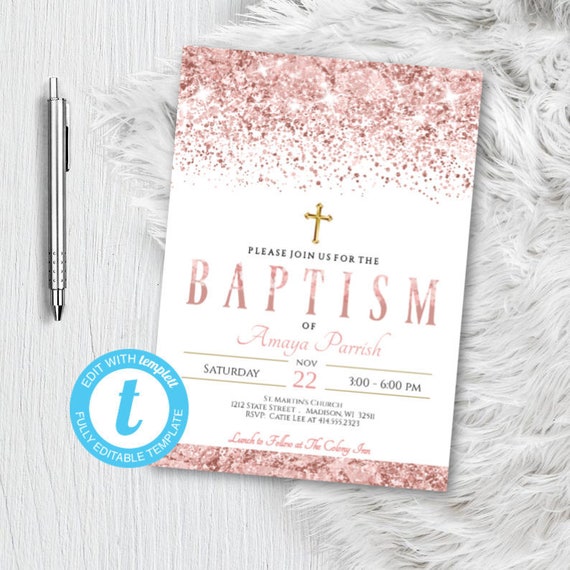 rose gold christening invitations
