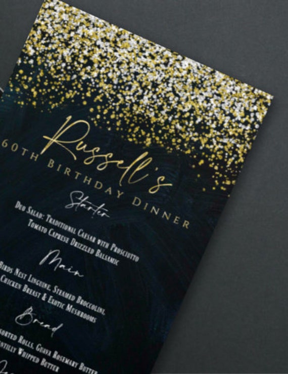 Dinner Menu EDITABLE 4x8 PRINTABLE Supper Luncheon Food List Gold Silver White Wedding Eve Party Birthday Supper Lunch Menu Glitter Confetti Il_570xn