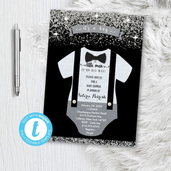 Little Man Baby Shower Invitation - Onesie Black and White Silver Invite - Printable Editable Template DIY Templett Instant Download Lil Boy Il_570xn