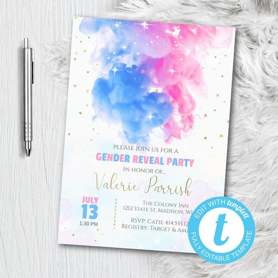 Smoke Gender Reveal Invitation, Smoke Bomb Baby Gender Reveal Party Invitation, Pink and Blue, Gold Editable Templett Template Digital FIle Il_570xn