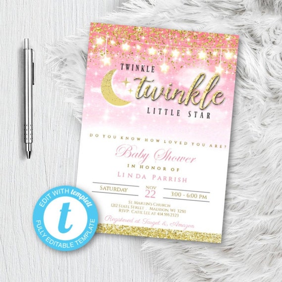 Twinkle Twinkle Little Star Baby Shower Invitation, Editable Girl Pink Rose Gold Star Glitter DIY Printable Instant Download Shower Invites Il_570xn