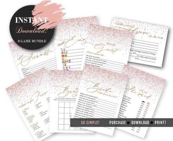 Bridal Shower Game Bundle - Rose Gold Pink Glitter Confetti Instant Download Printable Set Pdf and Jpegs, Emoji, Purse, He said She Said set Il_570xn
