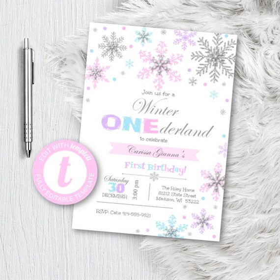 Winter onederland invitation Pink purple blue and silver winter onederland invitation winter invitation snowflake girl first birthday
