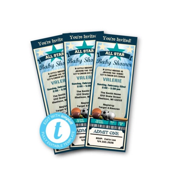 Sports Baby Shower Invitation Ticket Pass - All Star Baby Shower Sports theme ticket pass game ticket invite DIY Editable football templett Il_570xn