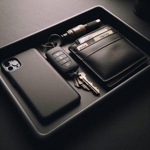 May include: A black leather wallet with a black phone case, a key fob, and a small metal tool in a black tray.