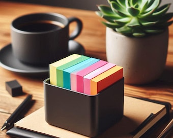 May include: A black square container filled with colorful sticky notes. A black coffee cup and saucer, a succulent plant in a pot, and a pen are also on the wooden desk. The sticky notes are in shades of yellow, green, blue, pink, and orange.