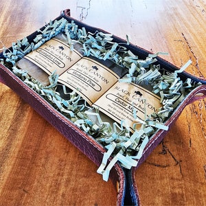 Bison Leather Valet Tray with Handmade Beard, Hair and Body Soap Gift Set