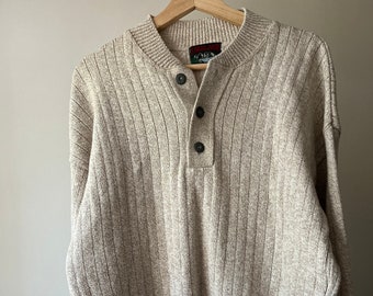 1990s Oatmeal Henley Sweater | Vintage Cotton Knit Pullover