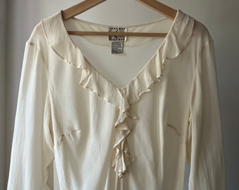 1990s Silk Flowy Blouse | Vintage Sheer Ruffled Cream Top