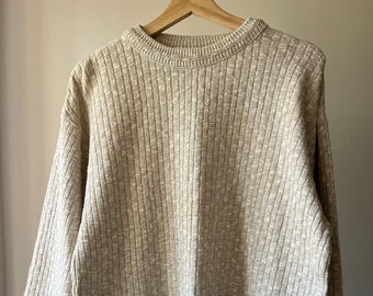 1990s Oatmeal Textured Light Knit | Vintage Neutral Crewneck Sweater