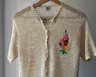1990s Floral Crochet Short Sleeve Cardigan | Vintage Cute Knit Top