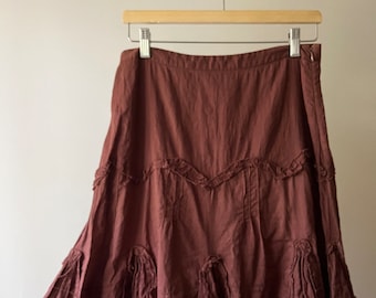 1990s Brown Tiered Cotton Skirt | Vintage Flowy Maxi Skirt