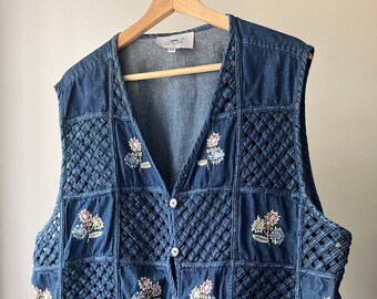 1990s Embroidered Denim Vest | Vintage Woven Floral Vest