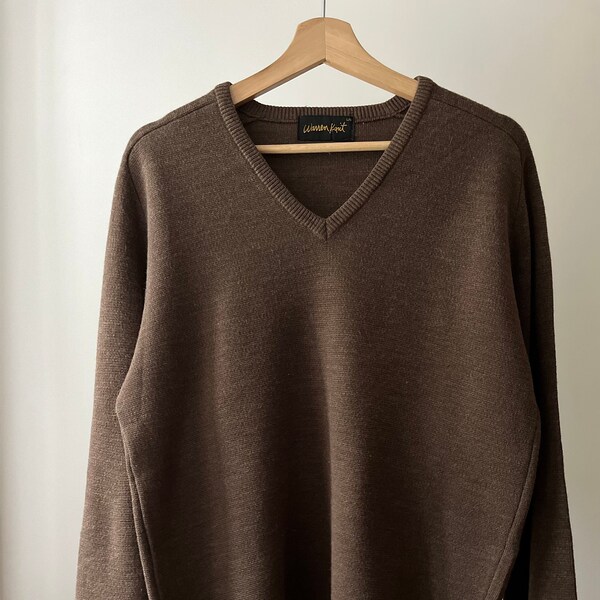 1980s Minimal Brown Wool Knit | Vintage V-neck Sweater